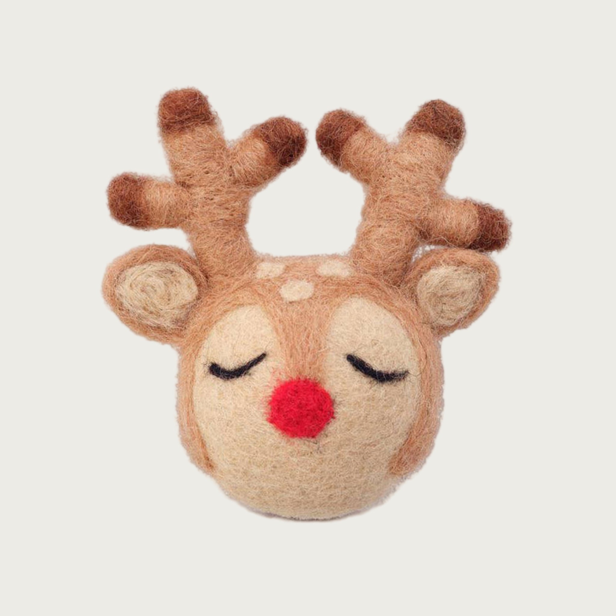 Felt reindeer cat toy with antlers, ears, and a red nose.