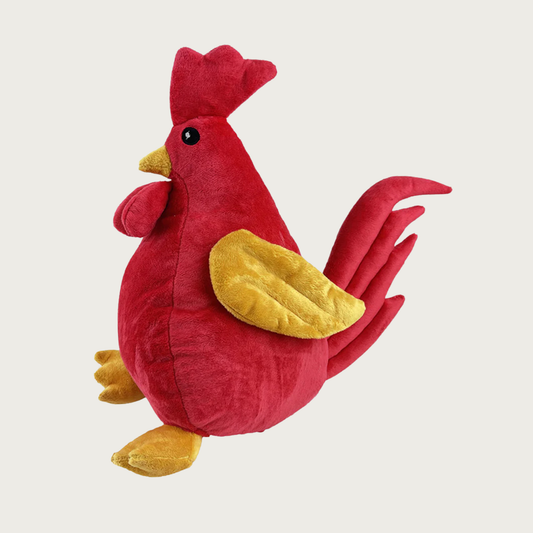 Red plush rooster dog toy with yellow beak, wings and feet. Features red comb, tail, and waddle, and embroidered eyes.