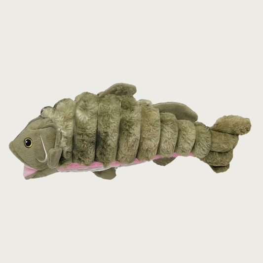 Olive green plush salmon dog toy with pink & white striped underbelly, and embroidered facial details. The plush on its body resembles a very wide wale corduroy.