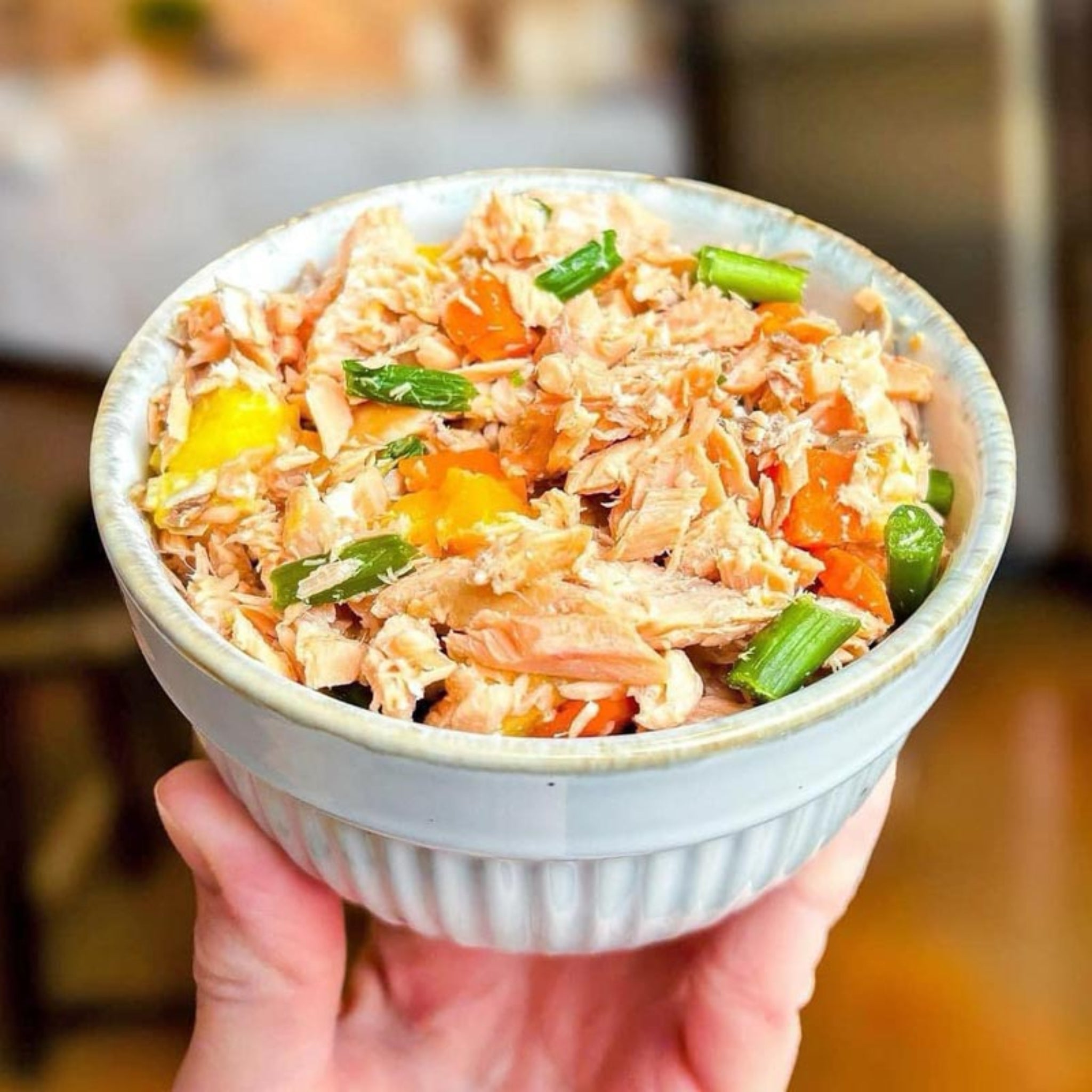 A bowl of salmon meal topper for pets, made with wild-caught salmon, mango, asparagus, and carrot pieces.