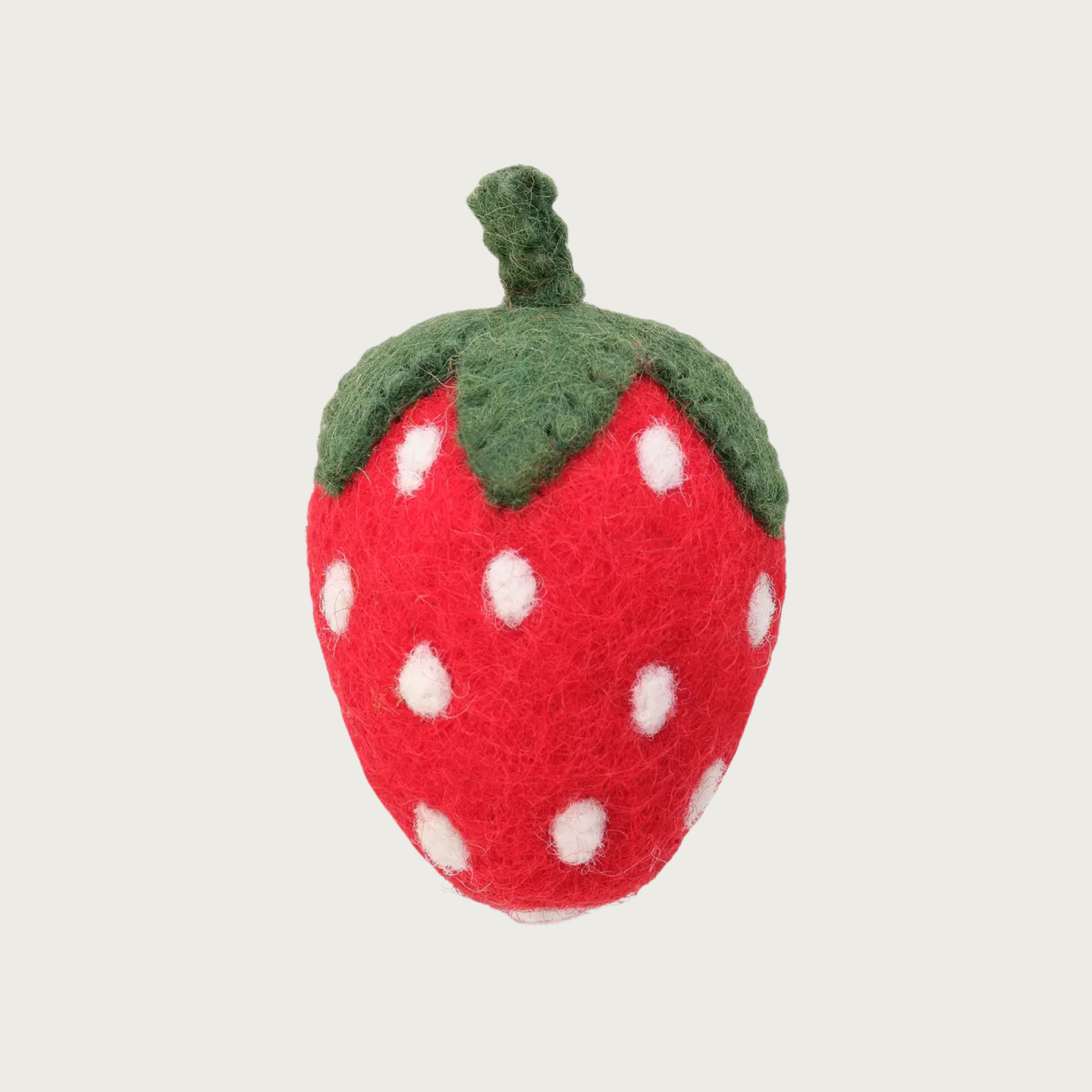 Realistic looking wool strawberry cat toy. Body is red with white "seeds" and green "stem".