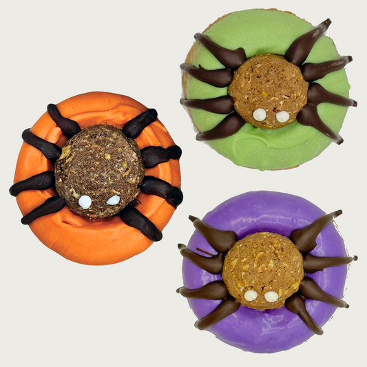 Three thick, donut-shaped dog cookies with a donut hole cookie in the middle. They are decorated to look like spiders. 