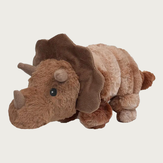 Brown plush triceratops dinosaur dog toy. Body has a thick plush resembling a very wide wale corduroy. Horns & neck frill are a less plush soft fabric. Embroidered black eyes.