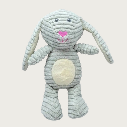 Light gray, plush bunny dog toy with embroidered facial details, including a pink heart nose. Belly is solid white plush.