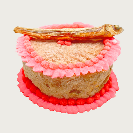 Small round dog/cat cake with pink frosting on the edges, with a freeze-dried minnow on top.