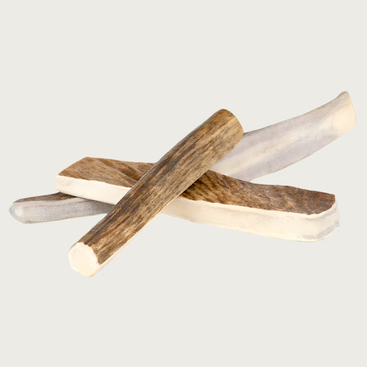 A group of 3 XL moose antlers, split lengthwise. Shown stacked on each other to show the different kinds of cuts & shapes.