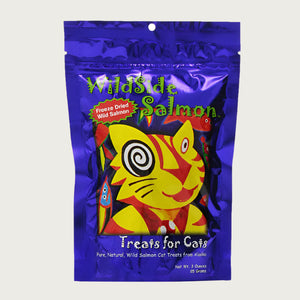3 oz bag of Wildside Salmon Freeze Dried Wild Salmon Treats for Cats. Pure, Natural, Wild Salmon Cat Treats from Alaska. Bag is bright, deep blue with vivid illustration of a yellow cat with crazy eyes, and red fish swimming around him.