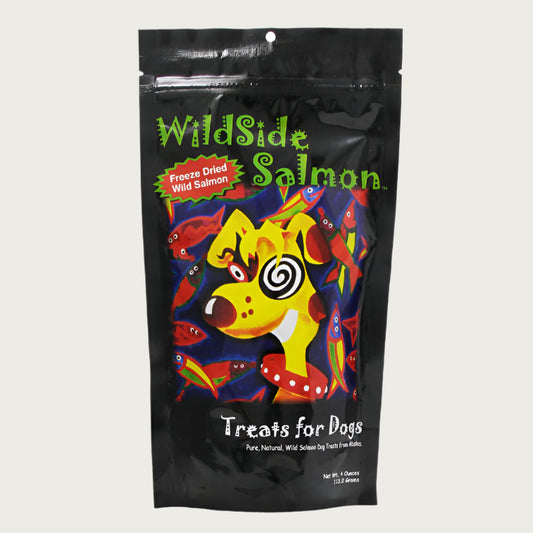 4 oz bag of Wildside Salmon Freeze Dried "Big Dog" Wild Salmon Treats for Dogs. Pure, Natural, Wild Salmon Dog Treats from Alaska. Bag is black with vivid illustration of a yellow dog with crazy eyes, and red fish swimming around him.