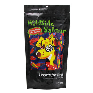 4 oz bag of Wildside Salmon Freeze Dried "Big Dog" Wild Salmon Treats for Dogs. Pure, Natural, Wild Salmon Dog Treats from Alaska. Bag is black with vivid illustration of a yellow dog with crazy eyes, and red fish swimming around him.