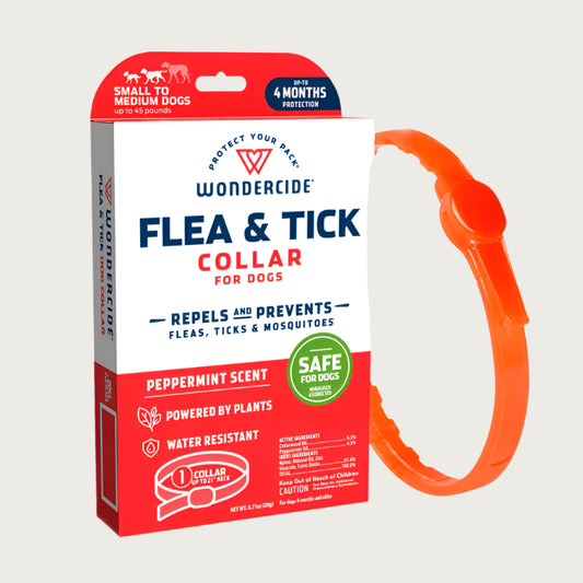 Red and white box containing one Wondercide Flea & Tick Collar for Small/Medium Dogs, Peppermint Scent. Repels and prevents fleas, ticks & mosquitoes. Safe for dogs when used as directed. 