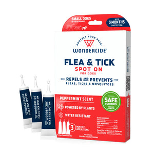 Red and white box containing 3 tubes (3 month supply) of Wondercide Flea & Tick Spot On for Small Dogs, Peppermint Scent. Repels and prevents fleas, ticks & mosquitoes. Safe for dogs when used as directed. 