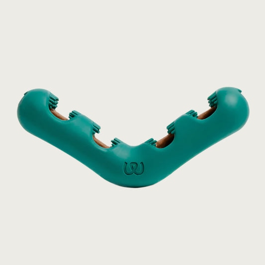 V-shaped, teal colored Bite n' Brush toy from Woof. On each "arm" of the V, there are 2 openings with bristled sides, and one opening at each end of the toy.