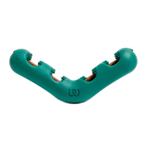 V-shaped, teal colored Bite n' Brush toy from Woof. On each "arm" of the V, there are 2 openings with bristled sides, and one opening at each end of the toy.