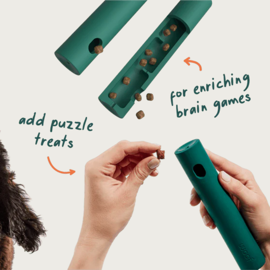 Nomchuck dog toy in 3 different positions. One shows a treat falling out of the small hole at the bottom. The next shows a cross-section of the toy, so people can see the different levels inside for holding treats. The third view shows hands holding the toy upside down, and filling it up with treats. Text pointing to the toys reads "for enriching brain games" and "add puzzle treats".