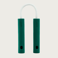 Load image into Gallery viewer, Nomchuck dog toy that looks like a short set of the nunchucks martial arts weapon. The two handles are dark green rubber, and connected with a short length of white rope. Each handle has a small hole at the bottom.
