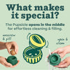 Large text at top of image reads: "What makes it special? The Pupsicle opens in the middle for effortless cleaning & filling." Below center is an illustrated Pupsicle toy, opened up. To its left is a pair of hands, one holding the base of the toy and the other dropping in a Pupsicle Pop treat, with text "unscrew & fill". To its right is another pair of hands, washing the opened toy under water, with text "open & clean". 