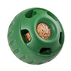 Dark green, round Pupsicle toy. Center has a small, depressed, round open area for dog to access a treat. Around this opening, are 5 smaller slot-type openings (called "drool slots"), to provide additional access and collect excessive drool. Bottom half of toy is solid rubber with an indentation to twist toy apart.