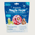 Load image into Gallery viewer, 7 ct bag of large Woof Pupsicle Jingle Pops, long-lasting refill treats for the Pupsicle toy. Extra long lasting, less mess. Image of holiday red & white marbled Pupsicle toy is in center, with refill pop inside, with sample pops clustered to the right. They are round, peanut butter colored, smooth balls, coated with coconut flakes.
