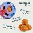 Load image into Gallery viewer, Simple infographic with the red, white & blue tie-dyed Pupsicle toy in the top left corner, with a small stack of BBQ Calming pops on the bottom right corner. Bold, large text at top reads "Summer Fun", followed by three separate call-outs: "20+ mins of play", "smoky bacon flavor", and "support for summer stress."
