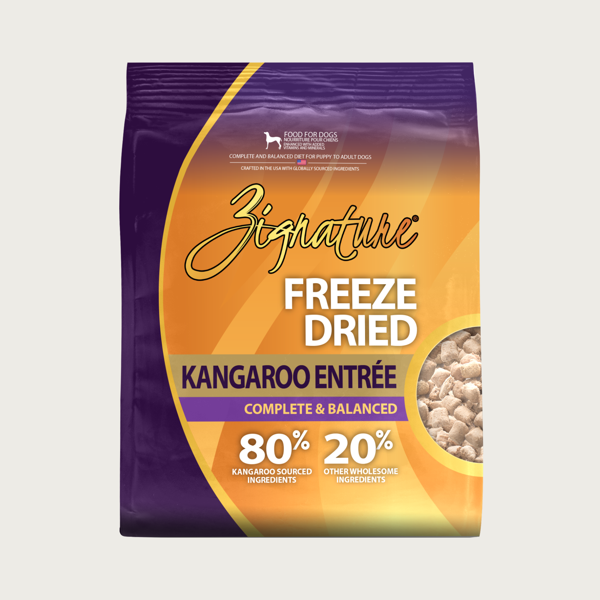 Orange & purple bag of Zignature Freeze Dried Kangaroo Entrée Complete & Balanced dog food. 80% kangaroo sourced ingredients, 20% other wholesome ingredients.