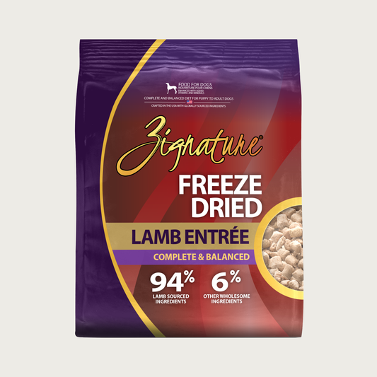 Maroon & purple bag of Zignature Freeze Dried Lamb Entrée Complete & Balanced dog food. 94% lamb sourced ingredients, 6% other wholesome ingredients.
