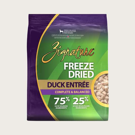 Green & purple bag of Zignature Freeze Dried Duck Entrée Complete & Balanced dog food. 75% duck sourced ingredients, 25% other wholesome ingredients.