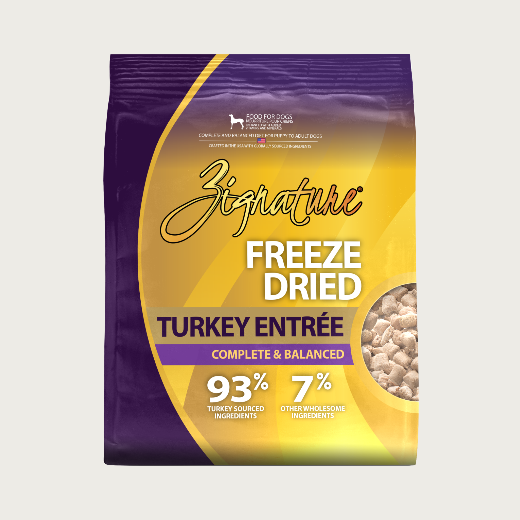 Yellow & purple bag of Zignature Freeze Dried Turkey Entrée Complete & Balanced dog food. 93% turkey sourced ingredients, 7% other wholesome ingredients.