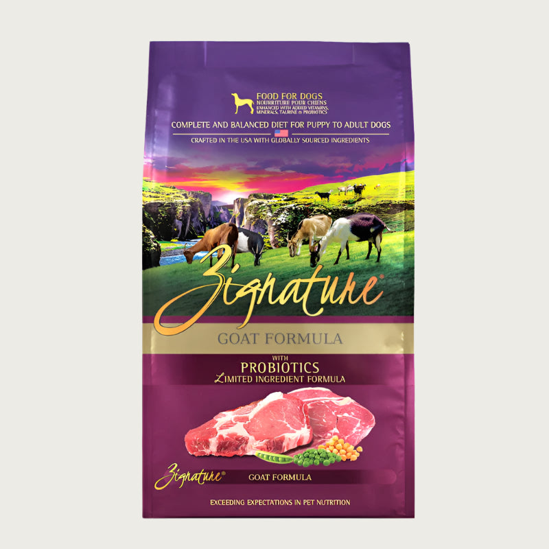 A bag of Zignature limited ingredient goat formula with probiotics dog food, complete and balanced diet for puppy to adult dogs.