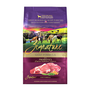 A bag of Zignature limited ingredient goat formula with probiotics dog food, complete and balanced diet for puppy to adult dogs.