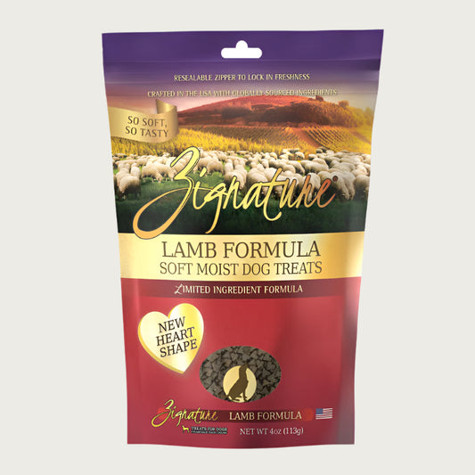 A 4 oz bag of Zignature Lamb Formula Soft Moist Dog Treats, limited ingredient formula. New heart shape, crafted in the USA with globally sourced ingredients. Bag has resealable zipper to lock in freshness.