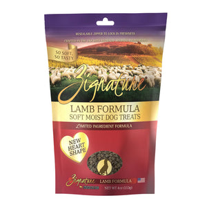 A 4 oz bag of Zignature Lamb Formula Soft Moist Dog Treats, limited ingredient formula. New heart shape, crafted in the USA with globally sourced ingredients. Bag has resealable zipper to lock in freshness.