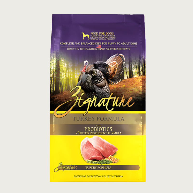 A bag of Zignature limited ingredient turkey formula with probiotics dog food, complete and balanced diet for puppy to adult dogs.