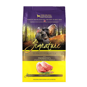 A bag of Zignature limited ingredient turkey formula with probiotics dog food, complete and balanced diet for puppy to adult dogs.