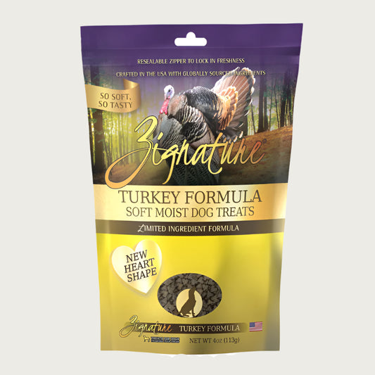 A 4 oz bag of Zignature Turkey Formula Soft Moist Dog Treats, limited ingredient formula. New heart shape, crafted in the USA with globally sourced ingredients. Bag has resealable zipper to lock in freshness.