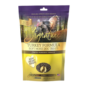 A 4 oz bag of Zignature Turkey Formula Soft Moist Dog Treats, limited ingredient formula. New heart shape, crafted in the USA with globally sourced ingredients. Bag has resealable zipper to lock in freshness.