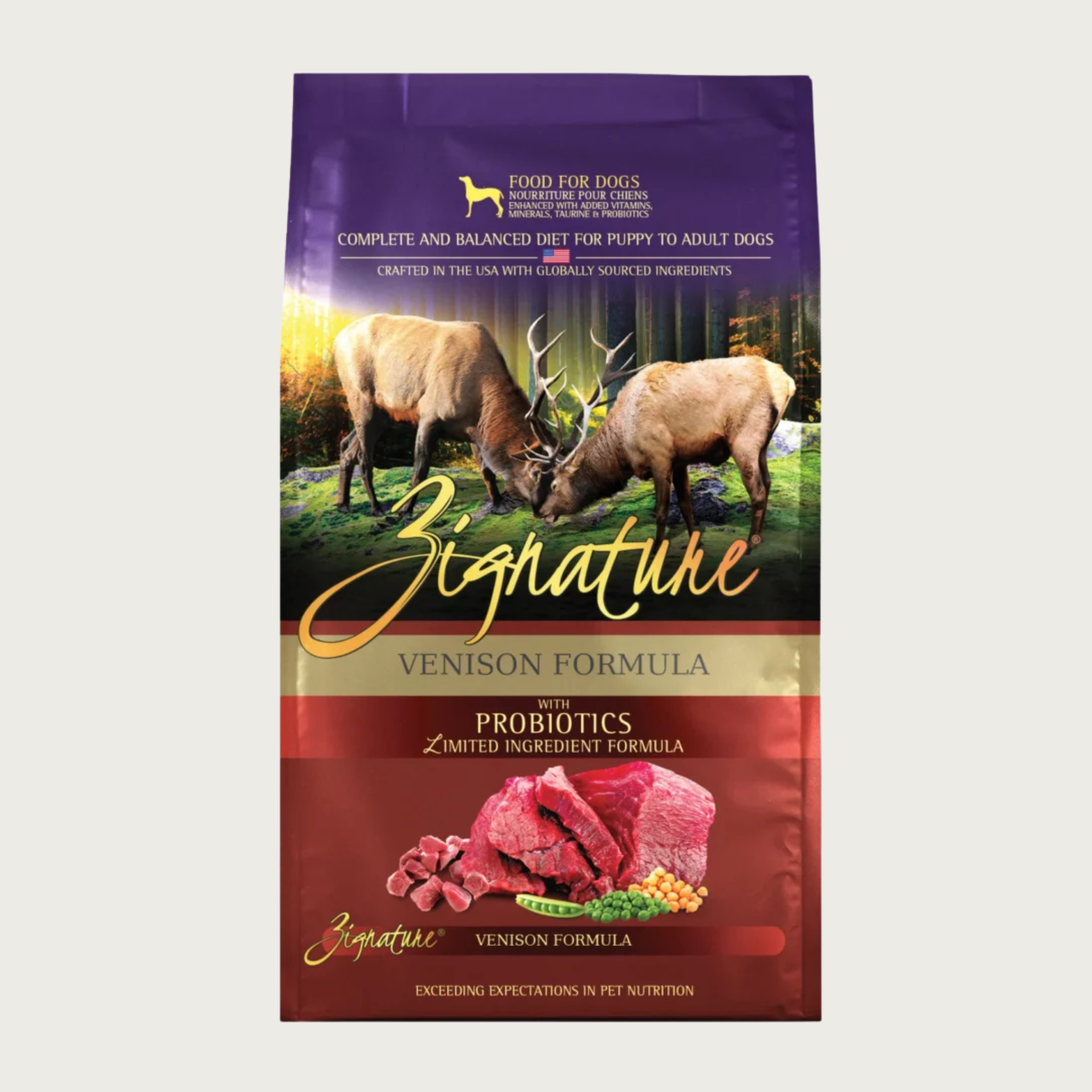 A bag of Zignature limited ingredient venison formula with probiotics dog food, complete and balanced diet for puppy to adult dogs.