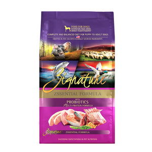 A bag of Zignature multi-protein Zssential formula with probiotics dog food, complete and balanced diet for puppy to adult dogs.