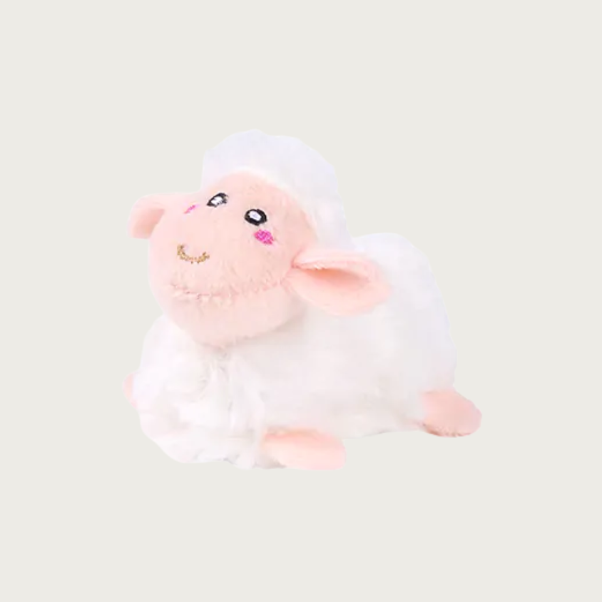 A cute plush cat toy lamb with fluffy white plush head & body and a pale pink face with embroidered facial details.