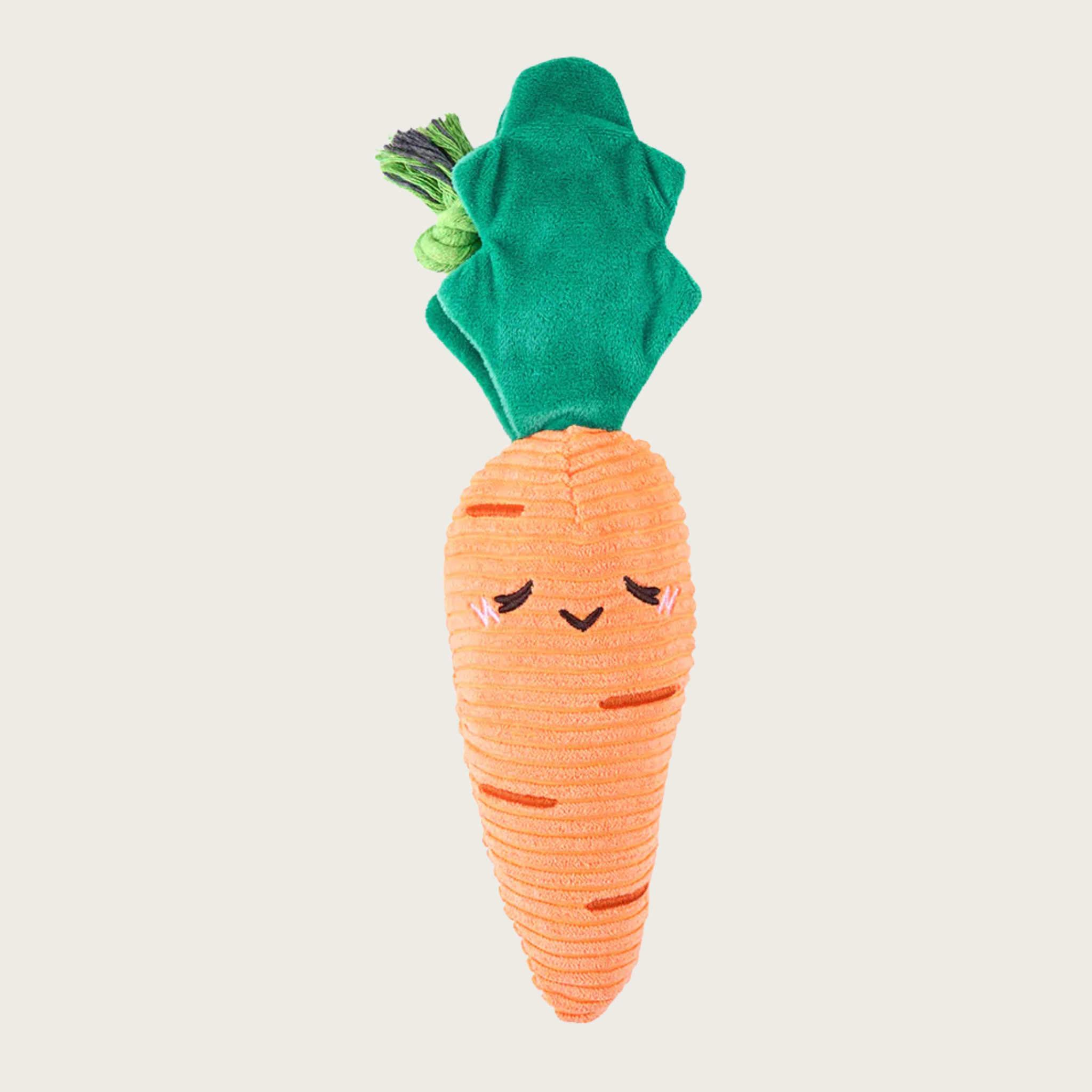 Plush carrot dog toy with cute embroidered face. Its body is orange corduroy with dark green leaves with a green rope sandwiched between them.