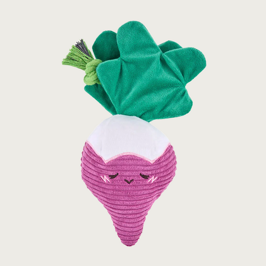 Plush radish dog toy with cute embroidered face. Its body is deep magenta corduroy with white top, and dark green leaves with a green rope sandwiched between them.
