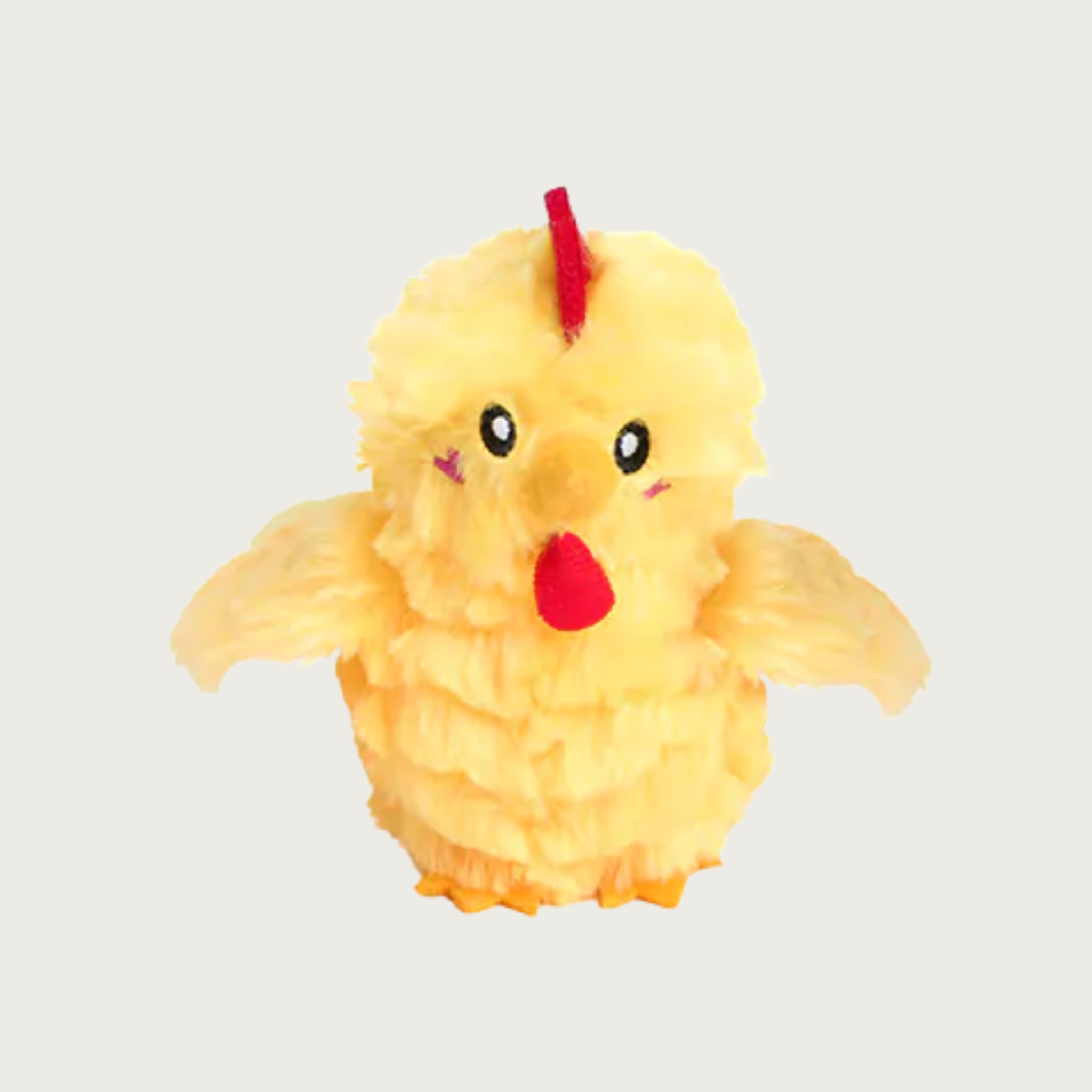 A yellow fluffy chick-shaped plush dog toy with red comb and beak, black eyes, and small pink cheek details.