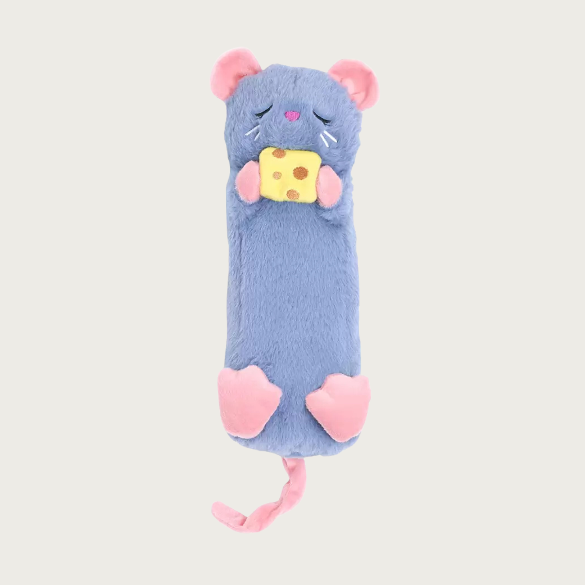 A long, plush mouse dog toy, laying on its back and holding a yellow cheese block between its front paws. Its body is gray, its ears, paws, feet and tail are pink, and it has a sleepy embroidered facial expression.