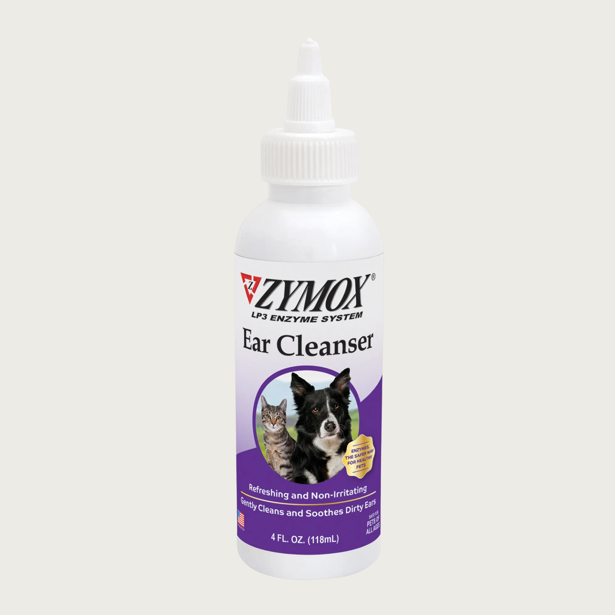 White plastic bottle with twist & squeeze top, of Zymox Ear Cleanser. Refreshing and non-irritating, gently cleans and soothes dirty ears. 4 fl oz.
