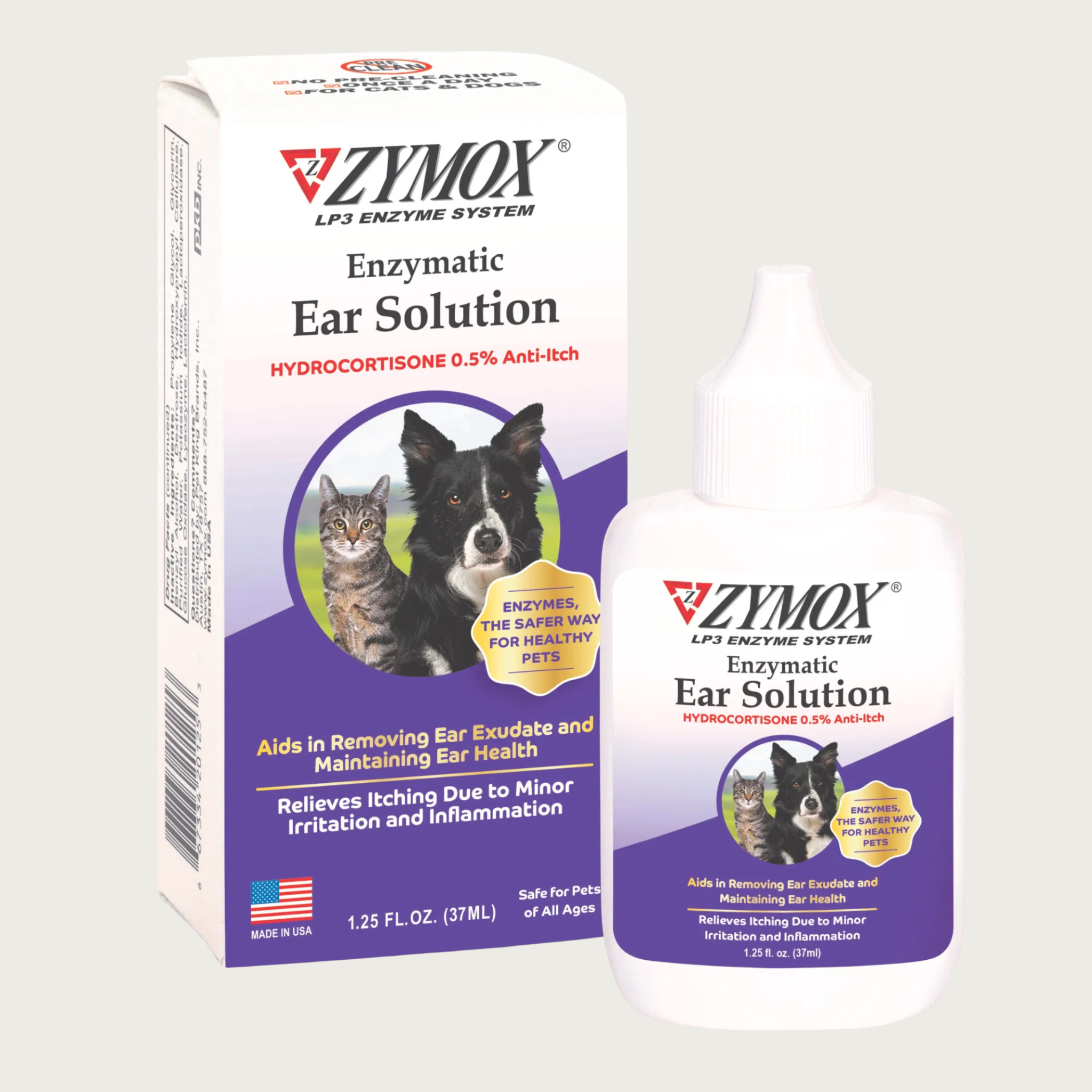 Zymox Enzymatic Ear Solution bottle shown next to its box packaging. Aids in removing ear exudate and maintaining ear health. Relieves itching due to minor irritation and inflammation. Safe for pets of all ages. 1.25 fl oz.