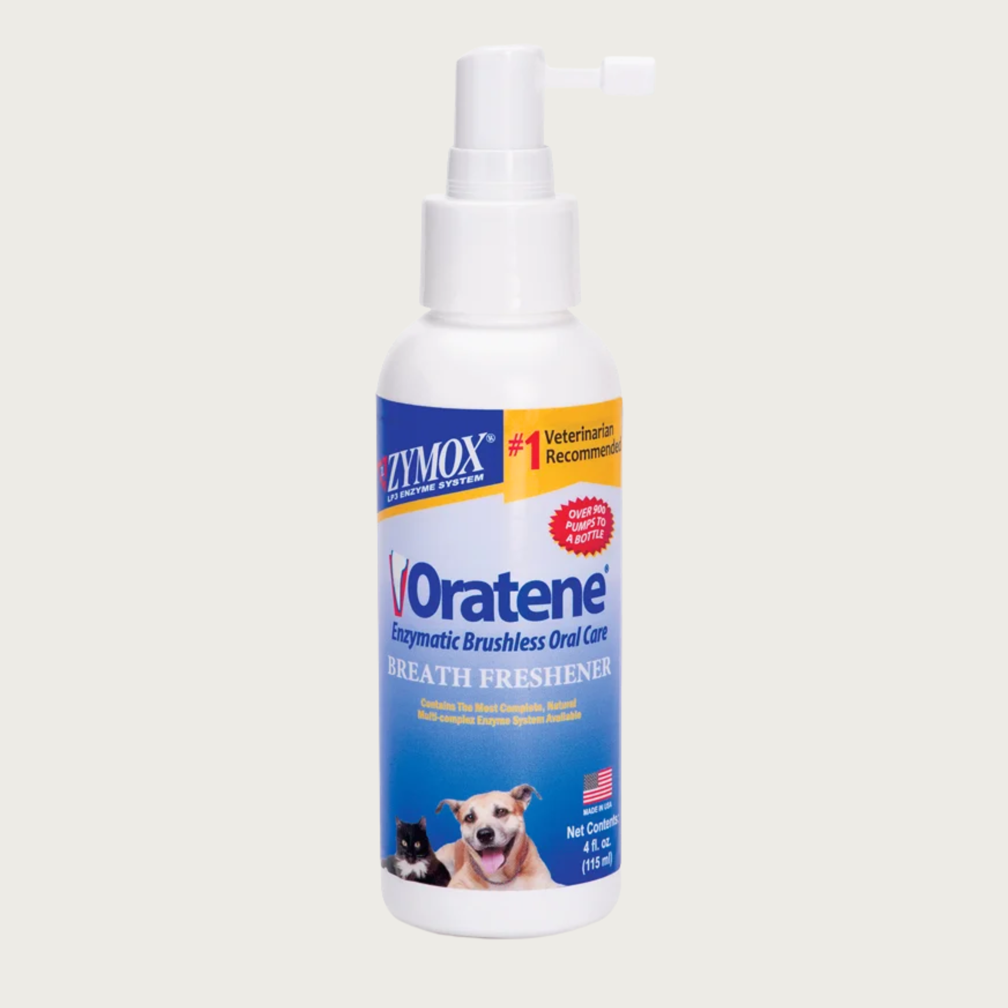White plastic pump bottle with mister, of Zymox Oratene Enzymatic Brushless Oral Care Breath Freshener. #1 Veterinarian recommended. Contains the most complete, natural, multi-complex enzyme system available. Made in USA. Net contents 4 fl oz.