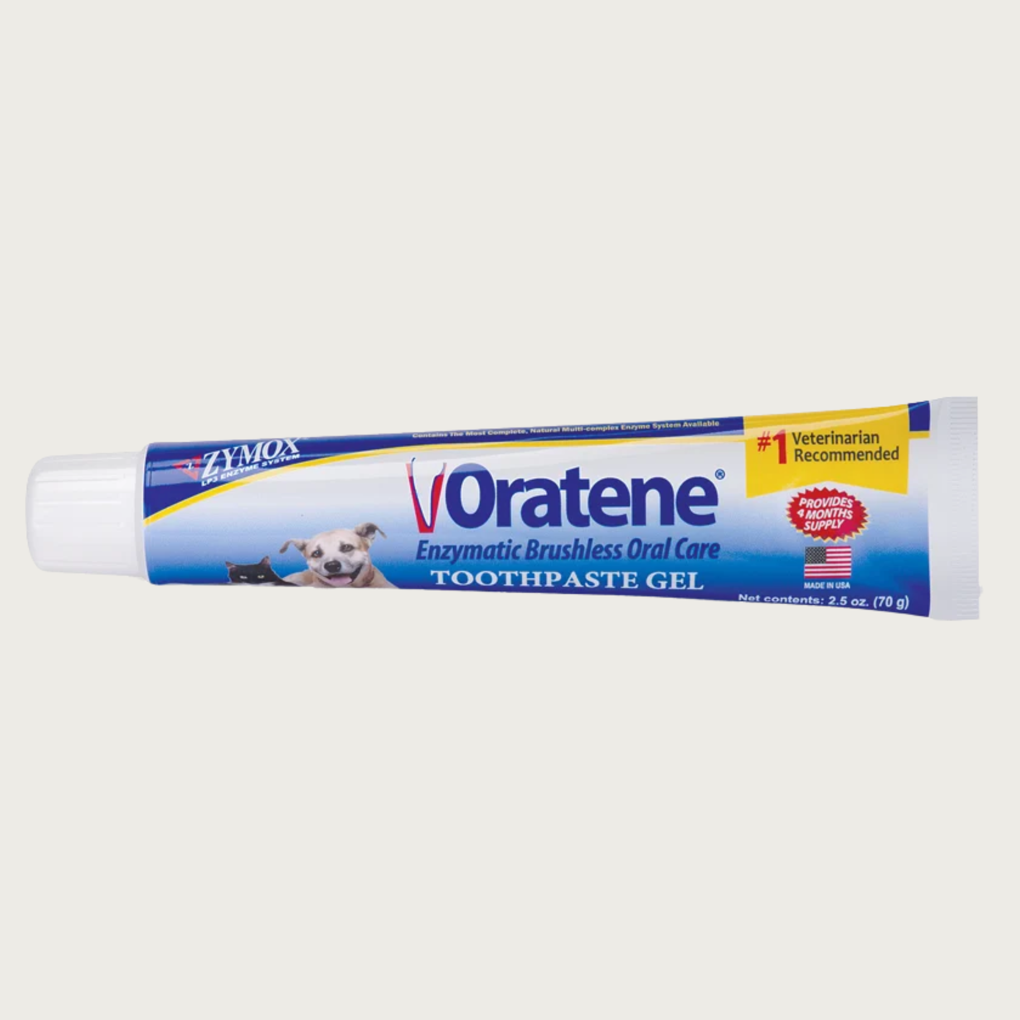A tube of Zymox Oratene Enzymatic Brushless Oral Care Toothpaste Gel. #1 Veterinarian Recommended. Made in USA. Provides 4 months supply. Net Contents: 2.5 oz.