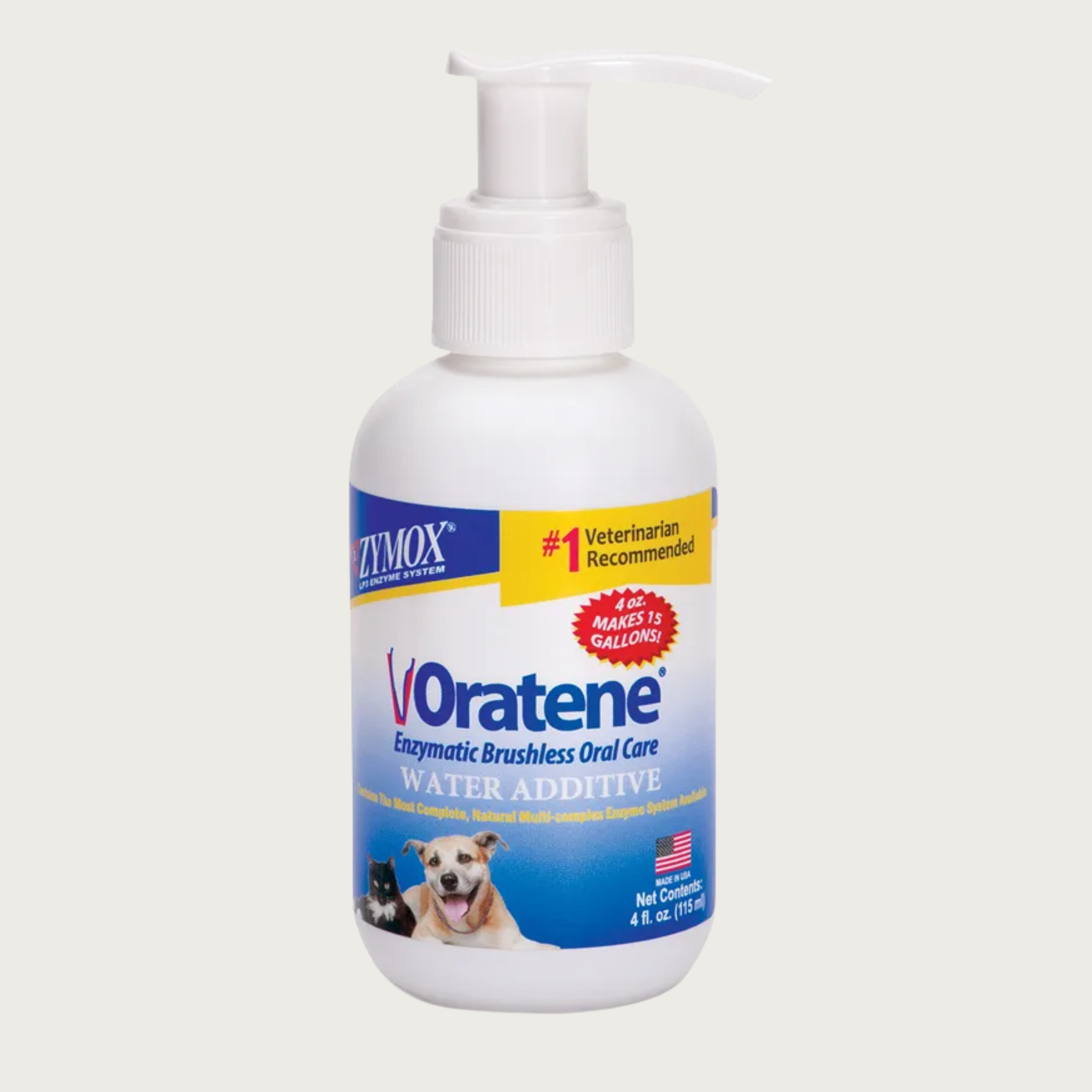 Squat white plastic pump bottle of Zymox Oratene Enzymatic Brushless Oral Care Water Additive. #1 Veterinarian recommended. Contains the most complete, natural, multi-complex enzyme system available. Made in USA. Net contents 4 fl oz.