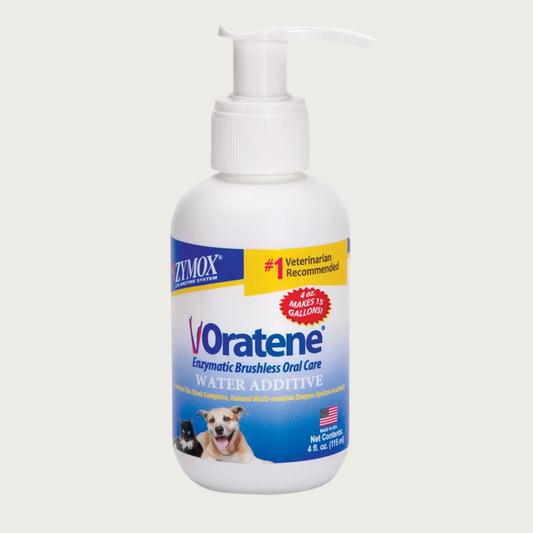Squat white plastic pump bottle of Zymox Oratene Enzymatic Brushless Oral Care Water Additive. #1 Veterinarian recommended. Contains the most complete, natural, multi-complex enzyme system available. Made in USA. Net contents 4 fl oz.