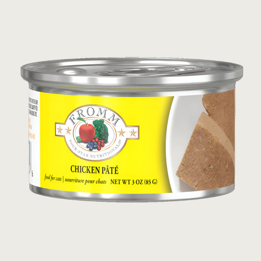 A 3 oz can of Fromm cat food chicken pâté.