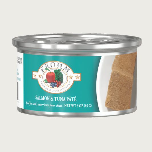 A 3 oz can of Fromm cat food salmon and tuna pâté.